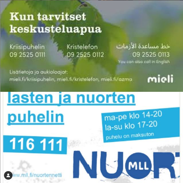 Kun tarvitset keskusteluapua: 09 2525 0111. Lasten ja nuorten puhelin 116 111.